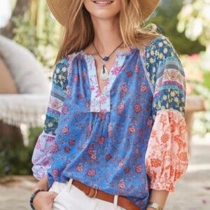 Sundance Astir 100% Cotton Mixed Floral Patchwork Print Boho Top Medium